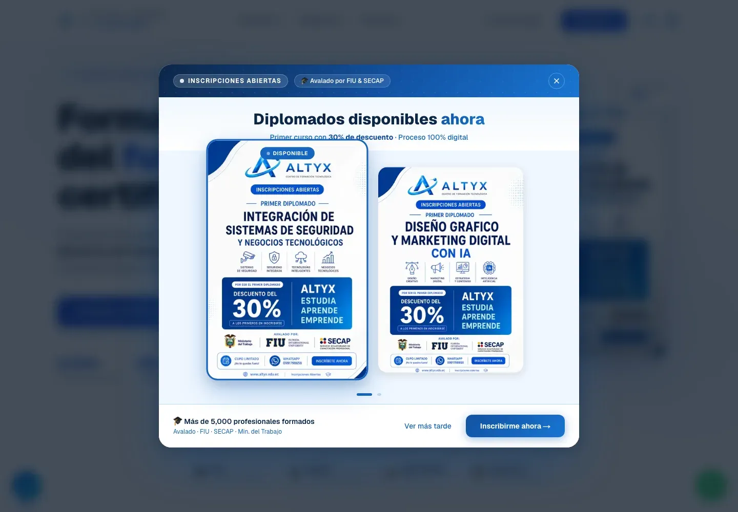 Sitio web de Altyx Academy en escritorio — Plataforma educativa en línea con certificación real