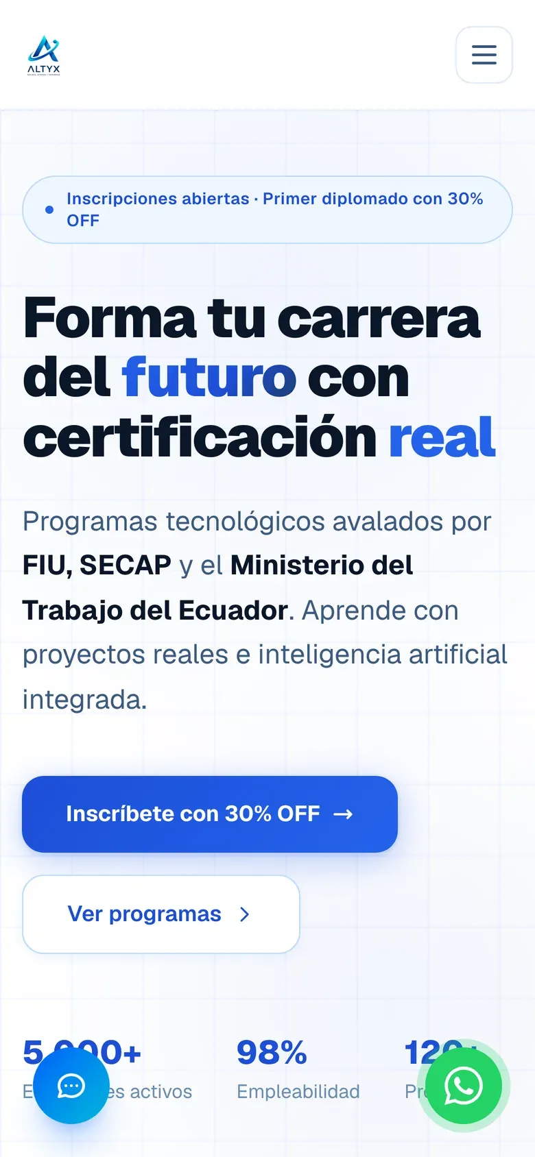 Sitio web de Altyx Academy en celular — Plataforma educativa en línea con certificación real
