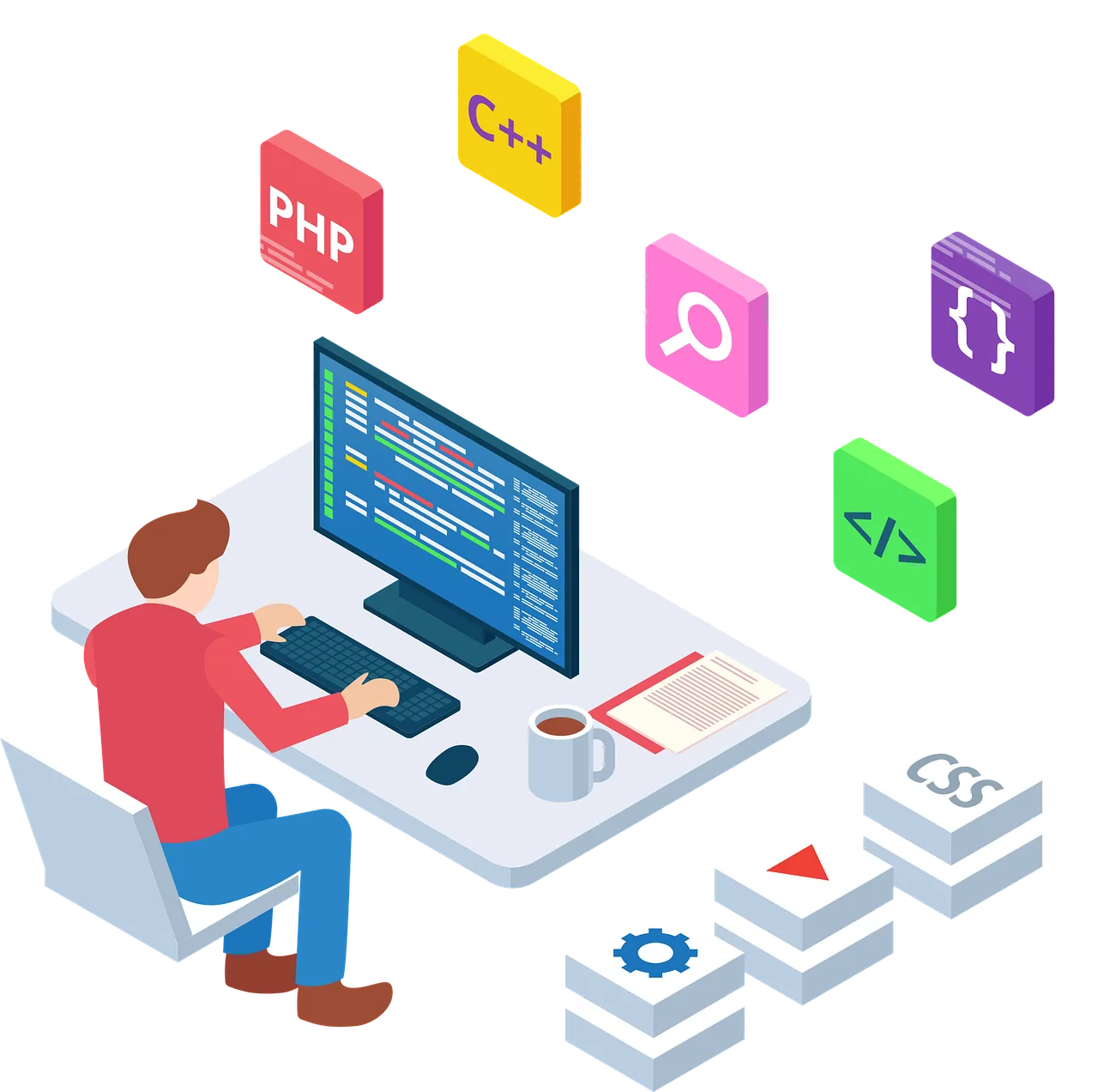 Ilustración isométrica de un desarrollador de SMARTUZ programando, rodeado de tecnologías web