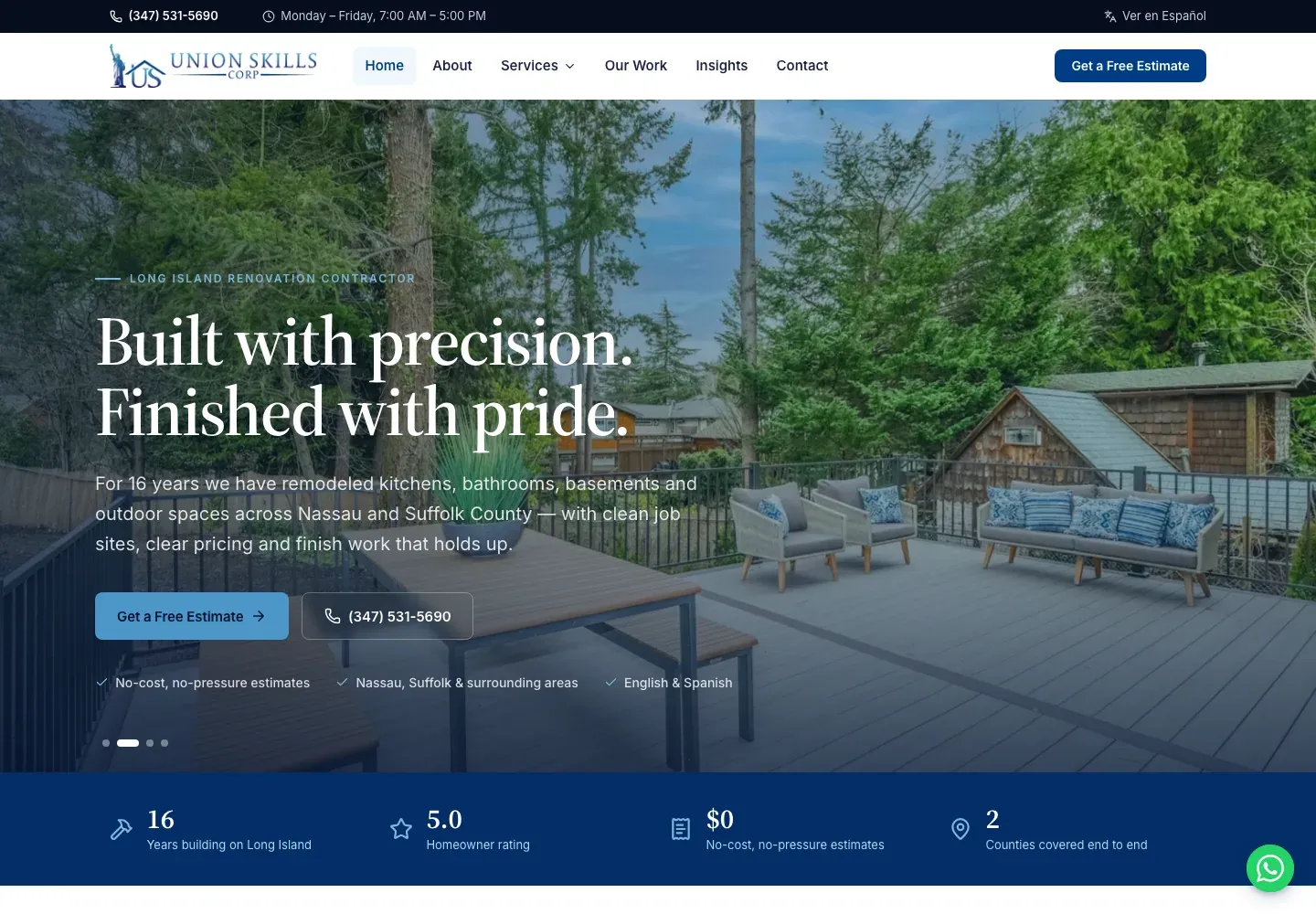 Sitio web de Union Skills Corp en escritorio — Contratista de renovación en Long Island, 16 años de oficio