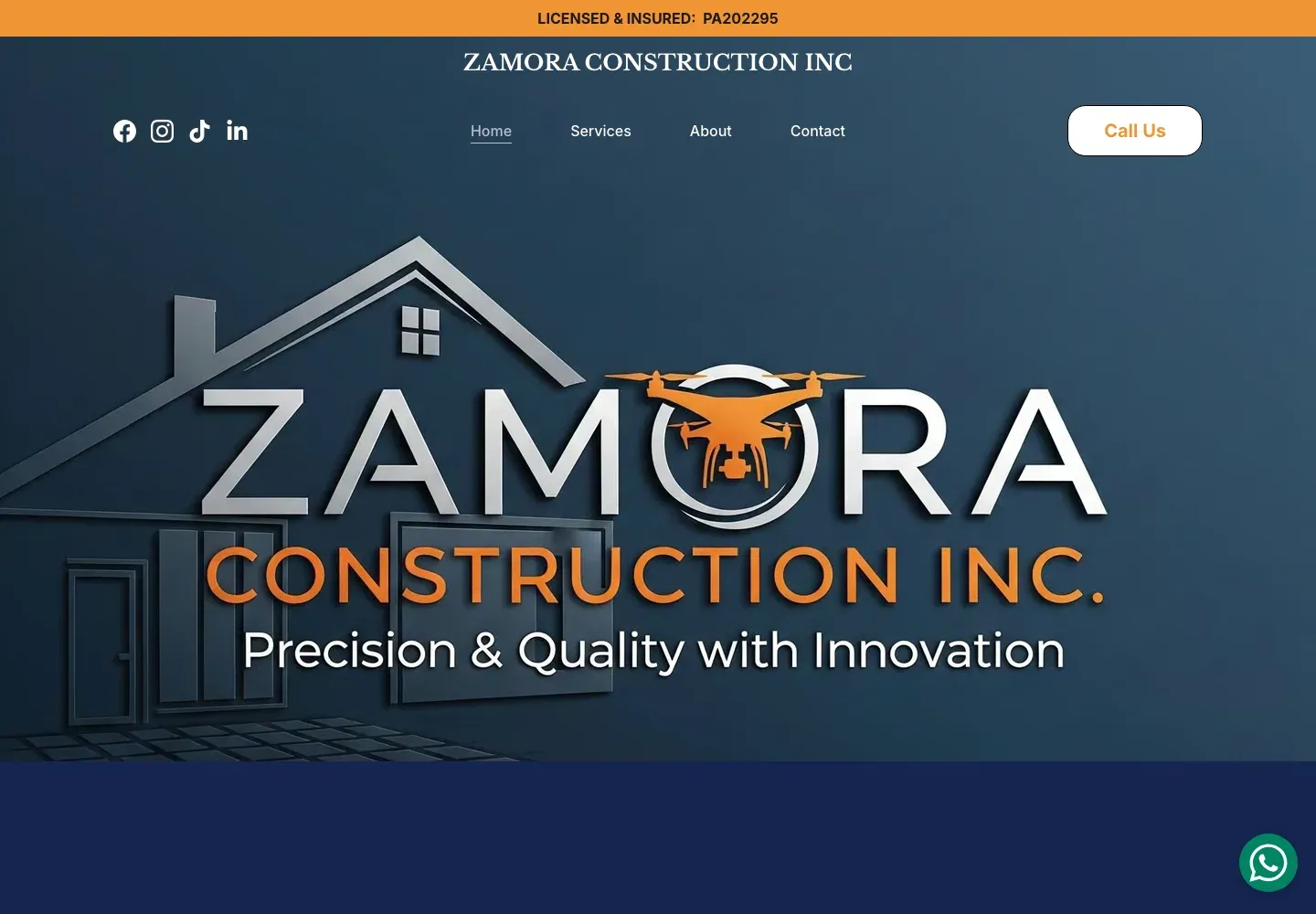 Sitio web de Zamora Construction Inc en escritorio — Concreto, estuco tradicional y EIFS