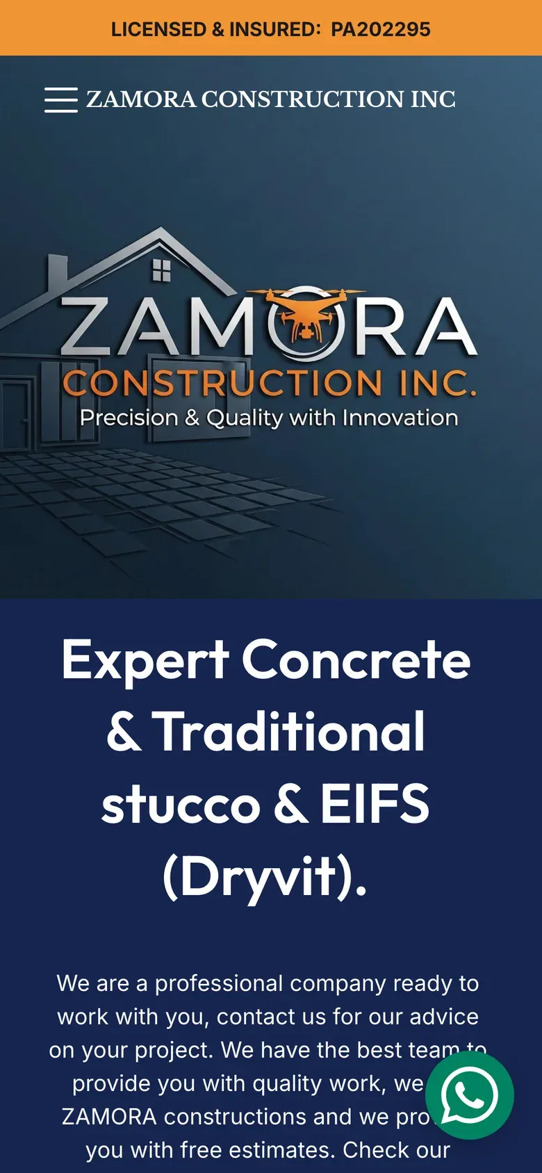 Sitio web de Zamora Construction Inc en celular — Concreto, estuco tradicional y EIFS